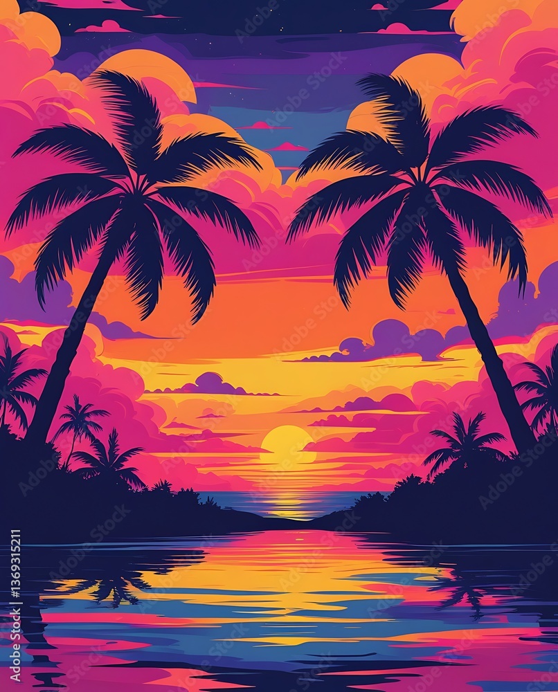 Fototapeta premium Tropical beach sunset illustration with vibrant pink, orange, and purple colors, palm trees, and glowing sun reflecting over calm water, perfect for summer, vacation, or travel backgrounds