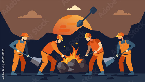 A team of miners carefully setting explosives to blast through a particularly tough section of coal using specialized tools and techniques.. Vector illustration