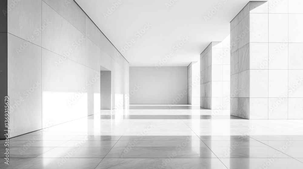 A bright white hallway with reflective tiled floor and walls with pillars and open doorways ahead A bright white hallway with reflective tiled floor and walls with pillars and open doorways ahead