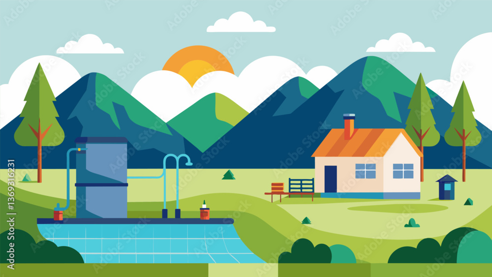 A peaceful countryside landscape is enhanced with the installation of a geothermal heat pump system adding modern technology to an otherwise. Vector illustration A peaceful countryside landscape is enhanced with the installation of a geothermal heat pump system adding modern technology to an otherwise. Vector illustration
