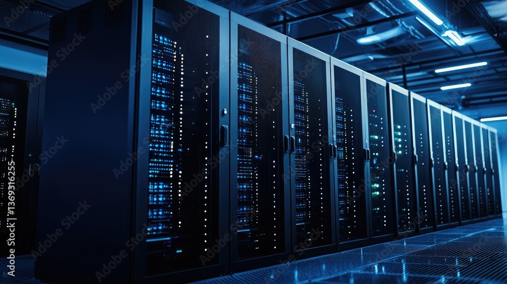 High-tech data center interior featuring rows of black server racks with glowing blue lights and modern cable systems. Perfect for IT, cloud solutions, or tech infrastructure visuals High-tech data center interior featuring rows of black server racks with glowing blue lights and modern cable systems. Perfect for IT, cloud solutions, or tech infrastructure visuals