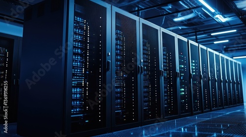 Wallpaper Mural High-tech data center interior featuring rows of black server racks with glowing blue lights and modern cable systems. Perfect for IT, cloud solutions, or tech infrastructure visuals Torontodigital.ca