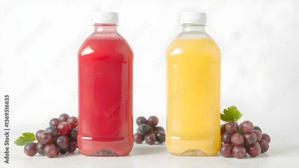 Bottle of fruit juice with fruits and glass isolated on white background, representing healthy food and drink Bottle of fruit juice with fruits and glass isolated on white background, representing healthy food and drink