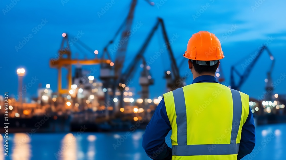 Construction worker observing the busy harbor at twilight with cranes in the background Construction worker observing the busy harbor at twilight with cranes in the background