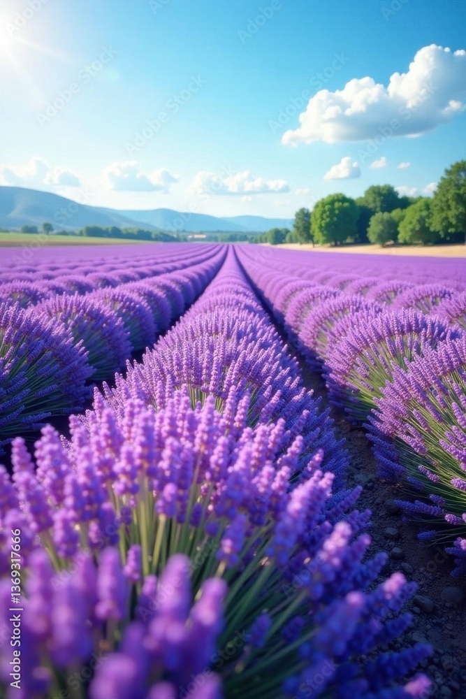 Naklejka premium Serene lavender field, vibrant purple hues under a clear blue sky , fresh, relaxation