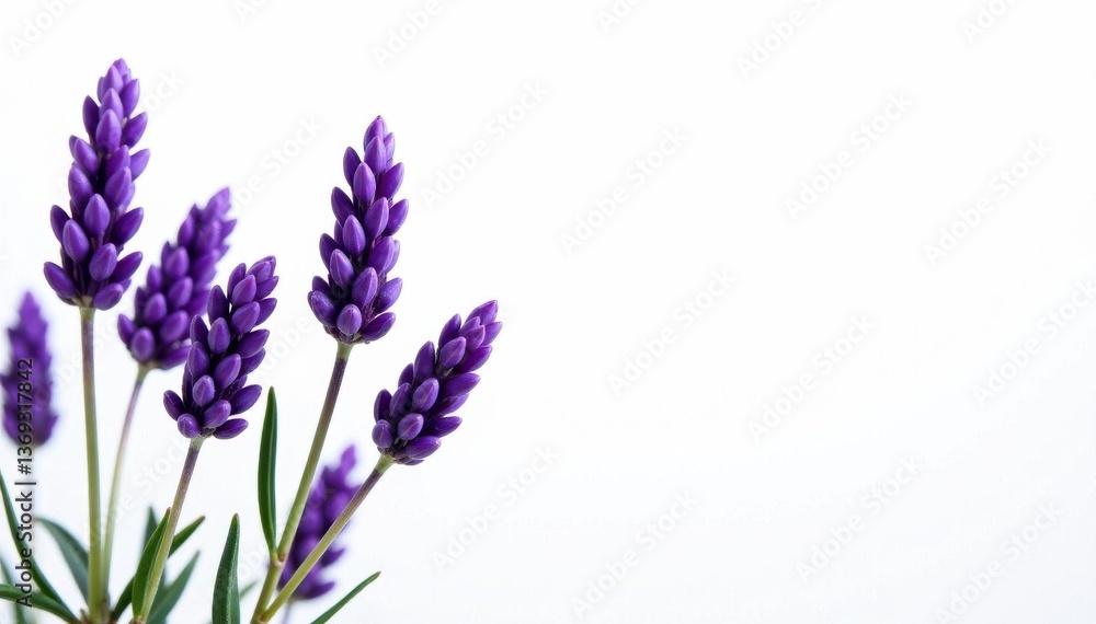Naklejka premium Several lavender sprigs, vibrant purple hues, against stark white , summer, flower, purple