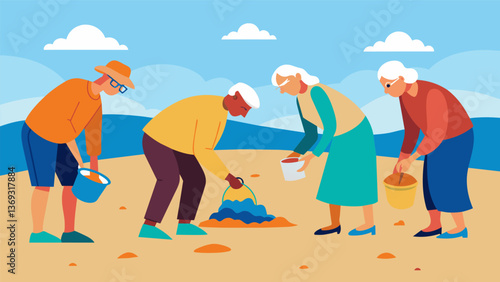 A group of seniors carefully combing through the sand to pick up any small pieces of trash.. Vector illustration
