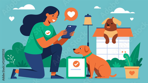 A volunteer documenting the progress of an animals recovery showcasing the dedication and hard work of the shelter.. Vector illustration