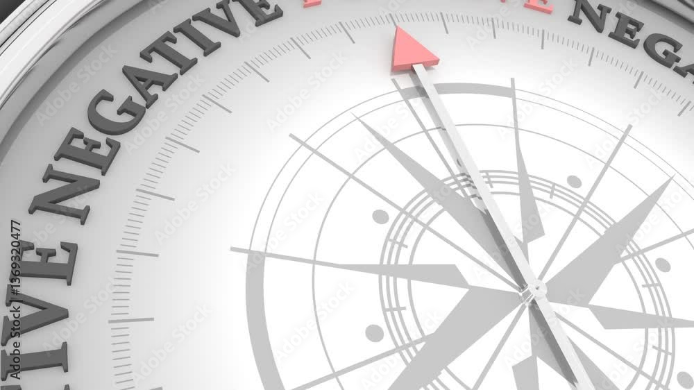 The needle of compass points to the word positive ignoring the words negative. Psychology and business concept of opposites, decisions, and uncertainty. 3D render The needle of compass points to the word positive ignoring the words negative. Psychology and business concept of opposites, decisions, and uncertainty. 3D render