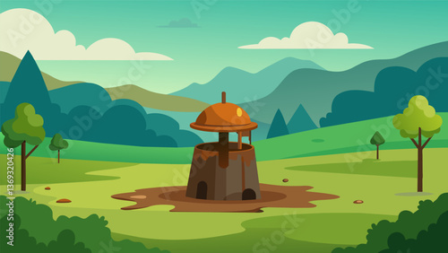 A rusting oil well cap stands out in a lush green landscape a reminder of the destructive actions of humanity.. Vector illustration