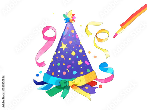 Festive Celebration, Watercolor Illustration of a Party Hat with Confetti and Streamers, Perfect for Birthday Cards and Invitations, Cheerful and Joyful photo