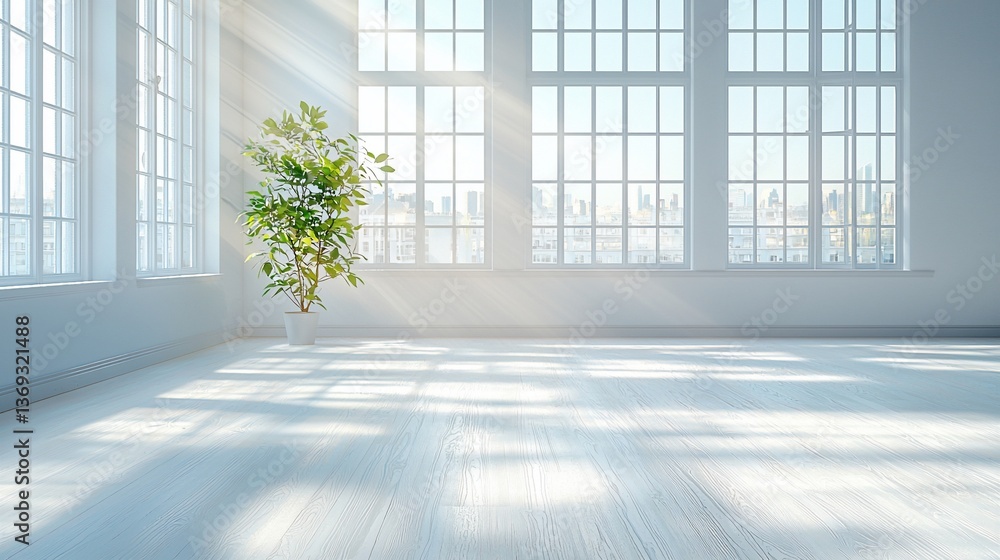 Fototapeta premium Sunlit empty room, city view, plant, hardwood floor, interior design