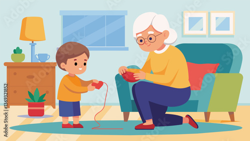 In the comfort of a cozy living room a grandparent teaches their grandchild how to fix a dropped stitch passing on the valuable lesson.. Vector illustration