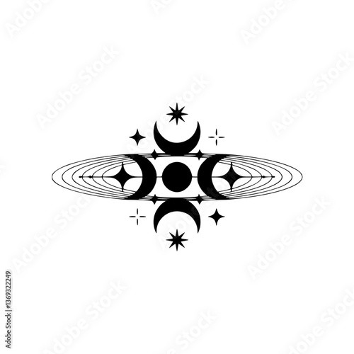 Celestial Triple Moon & Stars Symbol, Minimalist Black and White Design