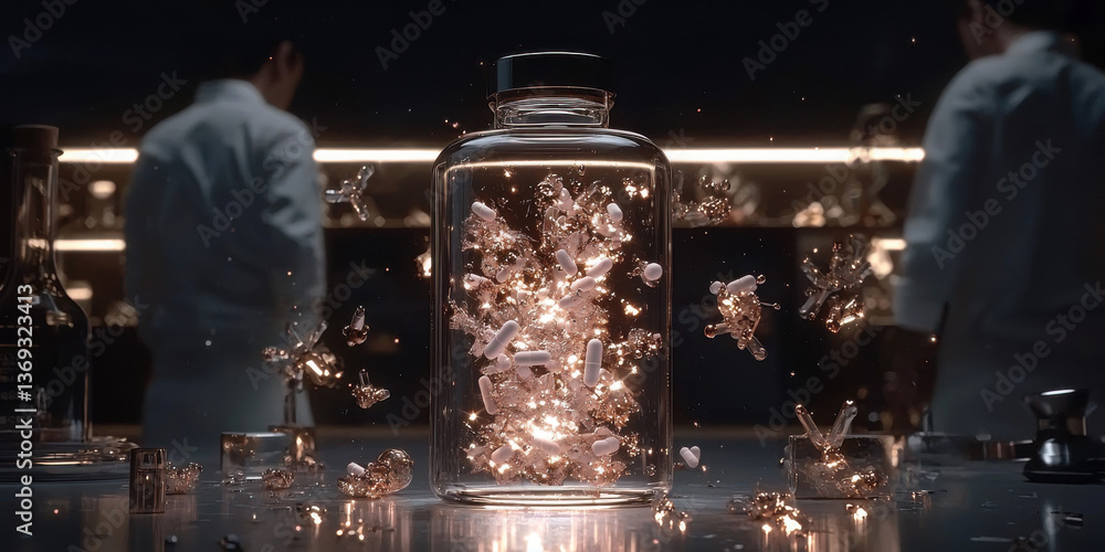 Obraz premium futuristic medicine bottle filled with glowing capsules and particles, showcasing advanced nanotechnology laboratory setting