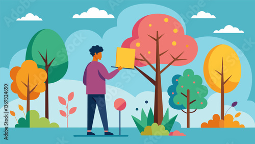 A of trees becomes the focal point for one painter their vivid colors capturing the essence of the changing seasons.. Vector illustration