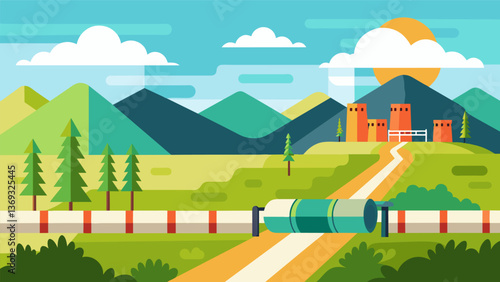 A panoramic view of a rural landscape transformed by the presence of a newly built petroleum pipeline.. Vector illustration