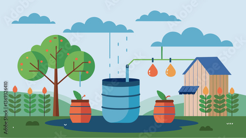 A sustainable watering system created by the neighbors using rainwater collected in barrels to nourish their plants and reduce water waste.. Vector illustration