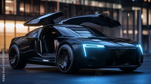 A sleek black futuristic car with open gullwing doors parked in an urban setting at night time