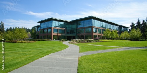 Modern building surrounded by landscaped greenery and a pathway.