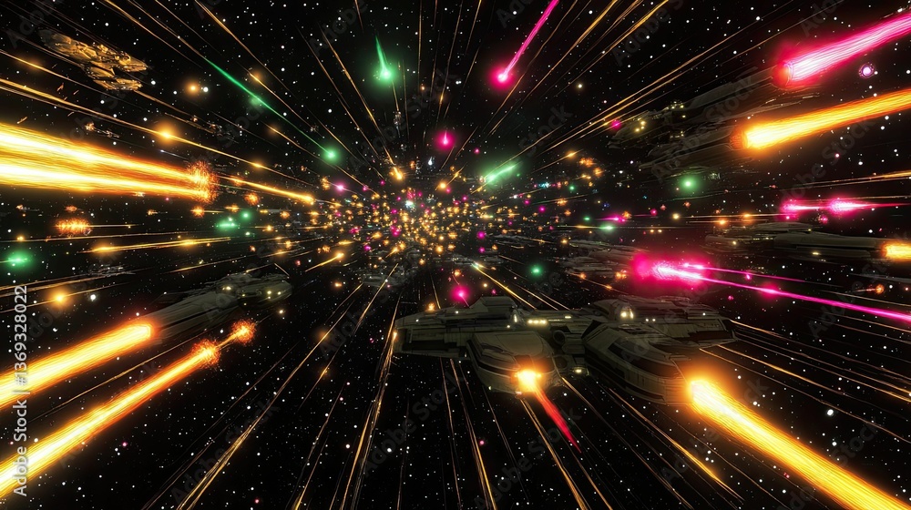 Spaceships battle amidst colorful energy streaks. Spaceships battle amidst colorful energy streaks.