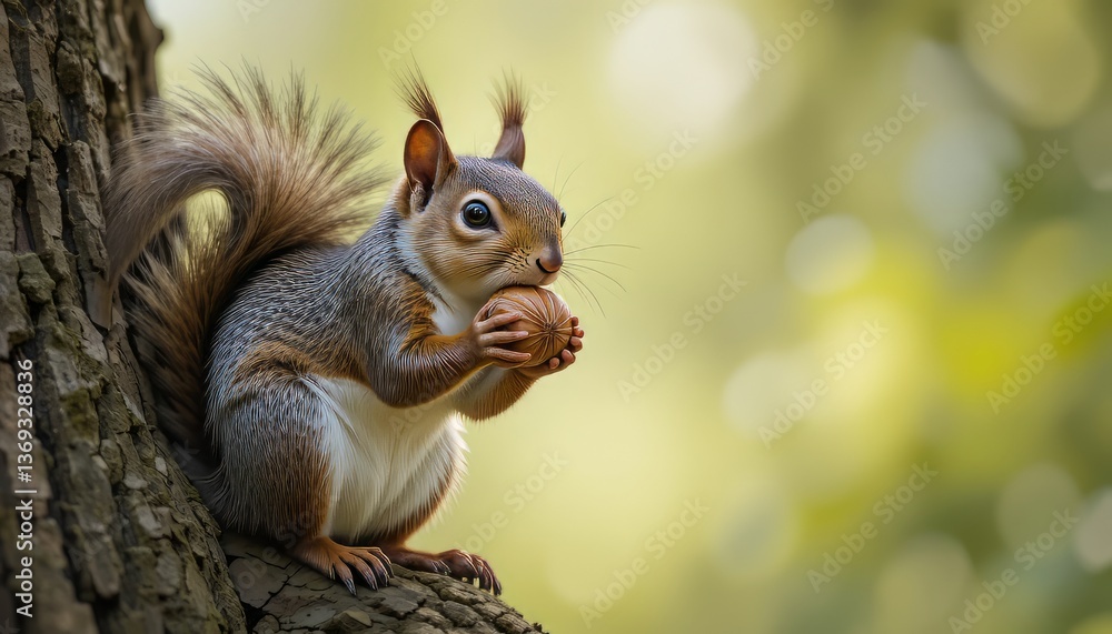 Curious Squirrel Holding a Nut on Tree Bark Curious Squirrel Holding a Nut on Tree Bark