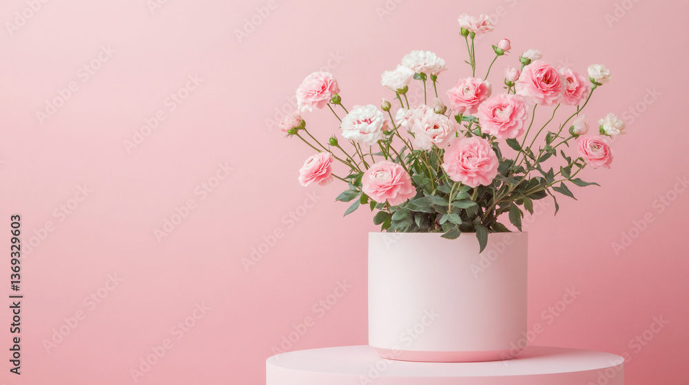A white pot with pink and white flowers sitting on a pink pedestal against a pink background A white pot with pink and white flowers sitting on a pink pedestal against a pink background