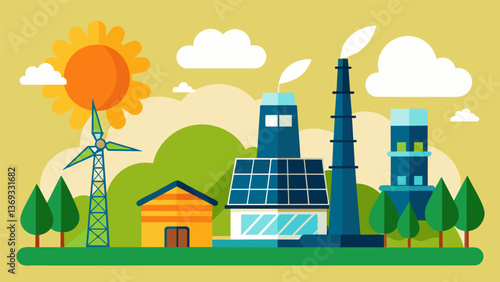 A solar farm and a fossil fuel plant sit side by side representing the duality of our current energy sources and the potential for a sustainable. Vector illustration