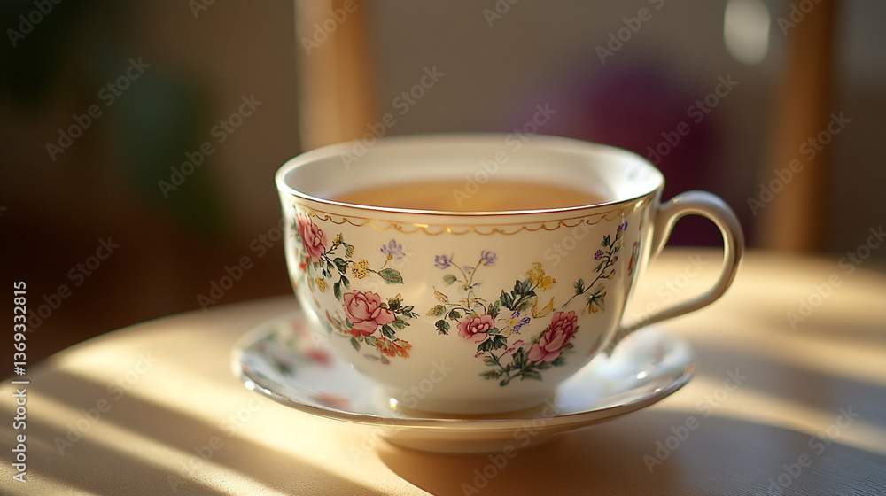 Fototapeta premium A floral teacup filled with tea sitting on a saucer on a table in soft sunlight indoors setting