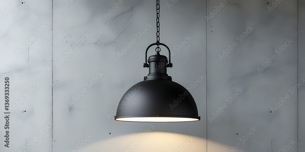 Obraz premium Minimalist industrial hanging lamp with warm glowing light against a clean concrete wall, symbolizing modern interior design, cozy home ambiance, and stylish contemporary lighting concept