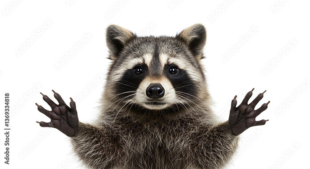 Obraz premium Cute Raccoon Portrait with Paws Up on White Background Studio Shot