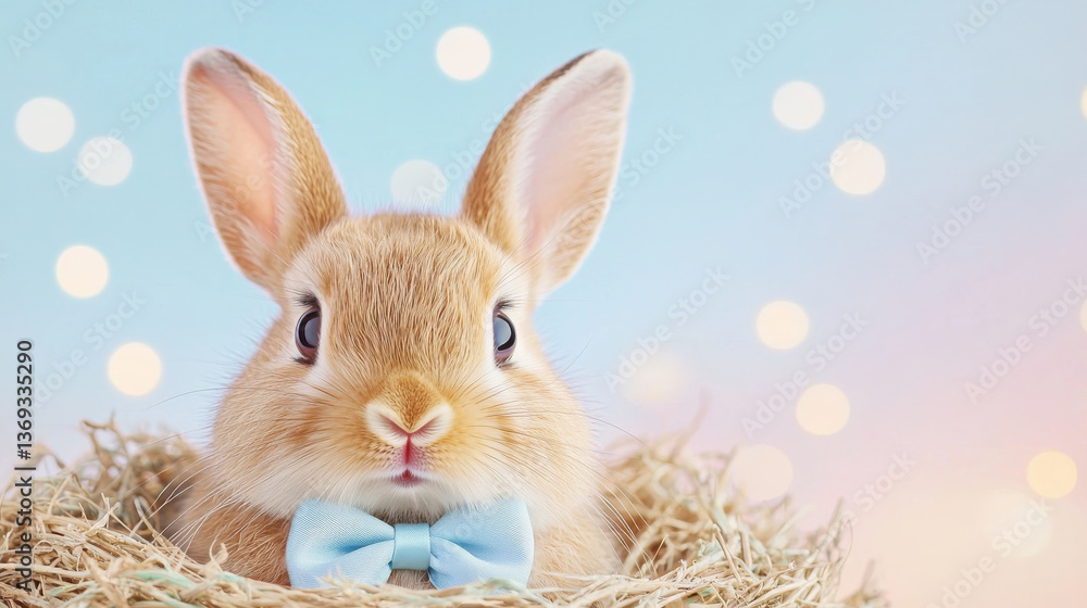 Obraz premium charming Easter bunny sitting in nest, adorned with blue bow tie, surrounded by soft bokeh lights