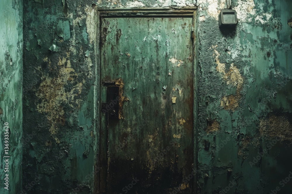 Old metal door with peeling turquoise paint and rust on aged wall Old metal door with peeling turquoise paint and rust on aged wall