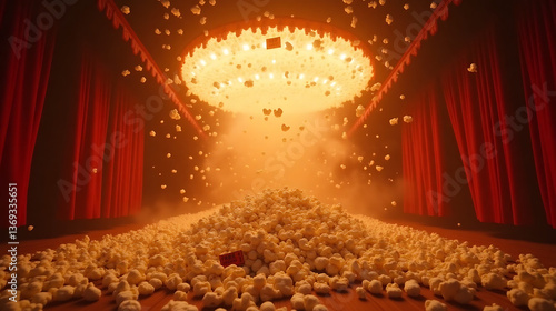 April Fools disaster movie style, vintage cinema roof bursting from popcorn overflow3