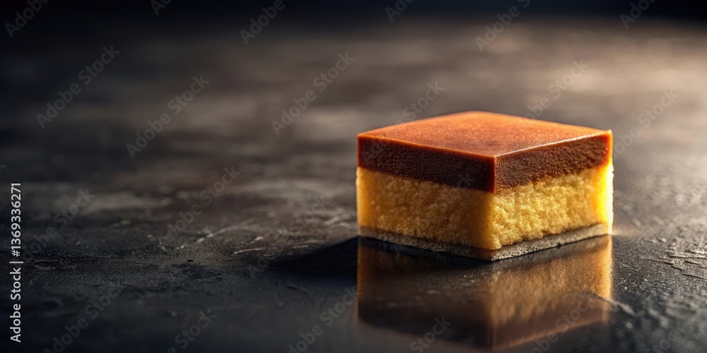 A delectable square confection, a two-layered dessert with a rich brown topping and a pale yellow base, rests on a dark, reflective surface. A delectable square confection, a two-layered dessert with a rich brown topping and a pale yellow base, rests on a dark, reflective surface.