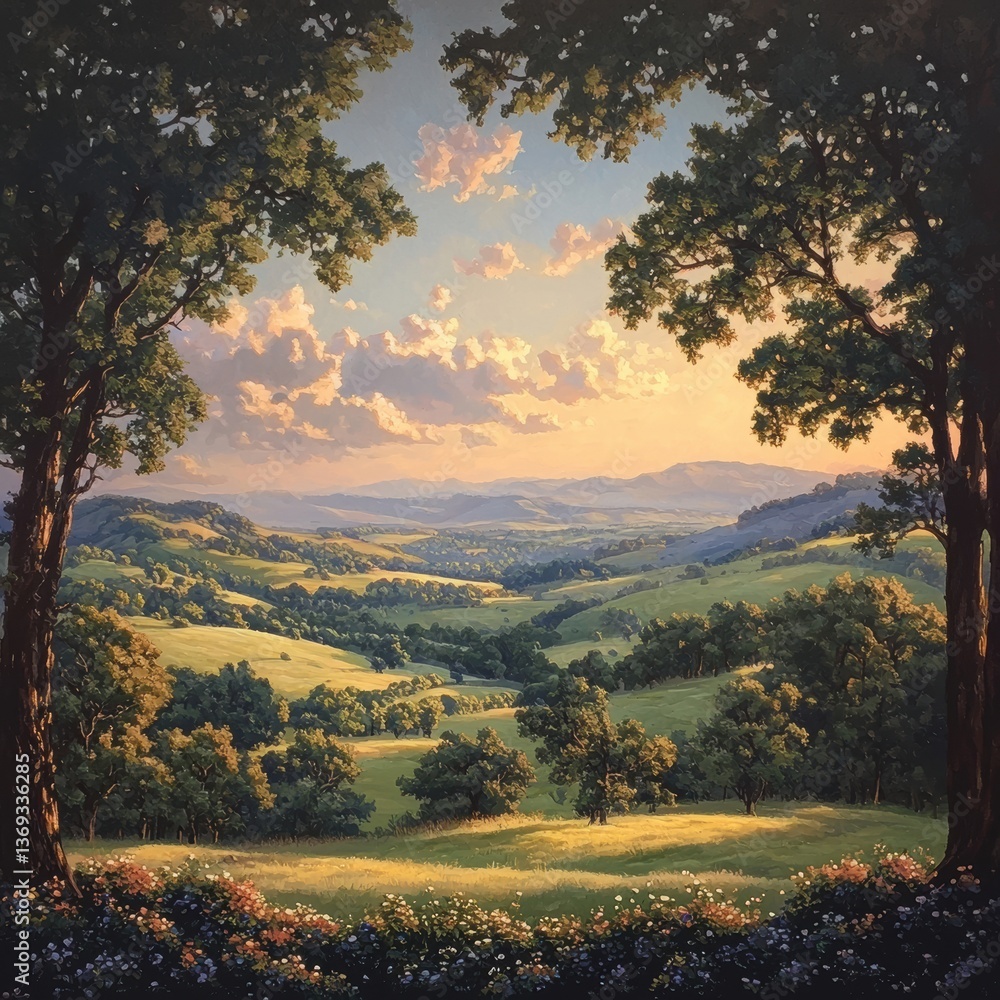 Obraz premium Serene Sunset Over Rolling Hills Landscape Painting