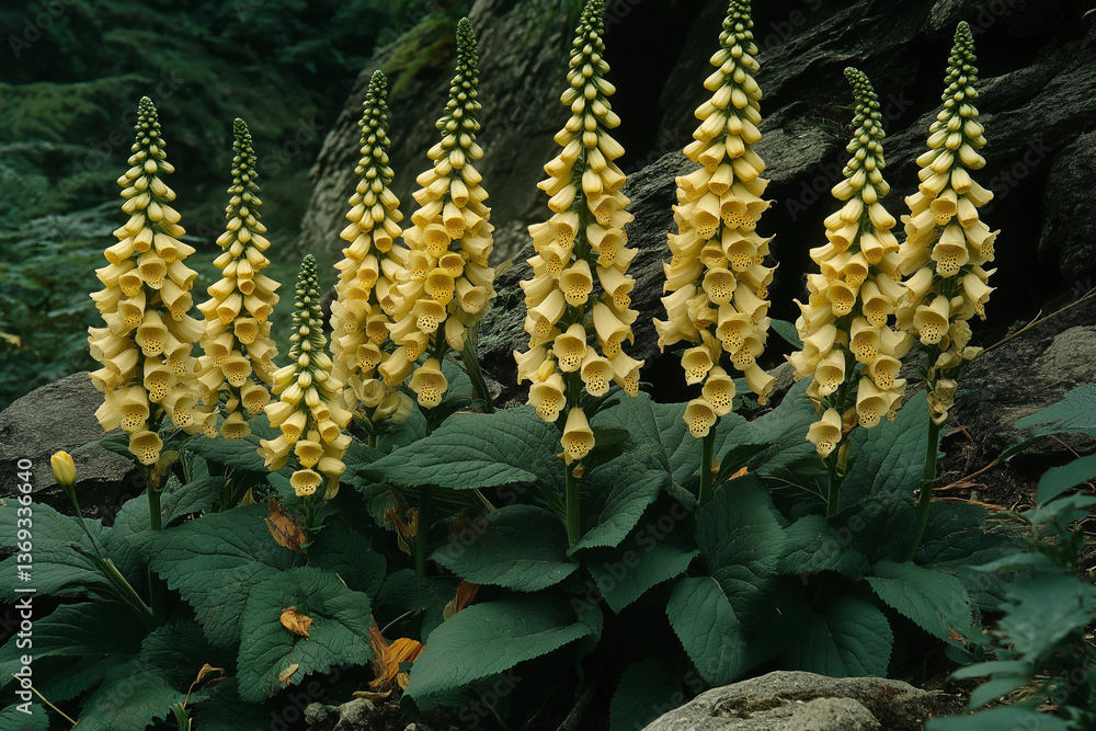 Fototapeta premium Cluster of yellow foxgloves reaching for the sky, their bell-like blossoms a spectacle in the wild.
