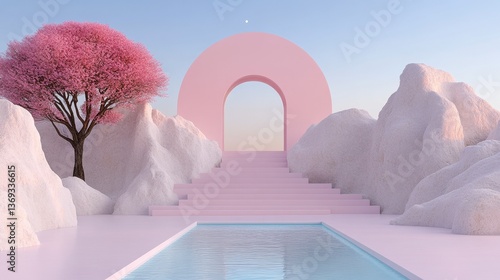 Serene Pastel Pink Landscape with Arch and Pool