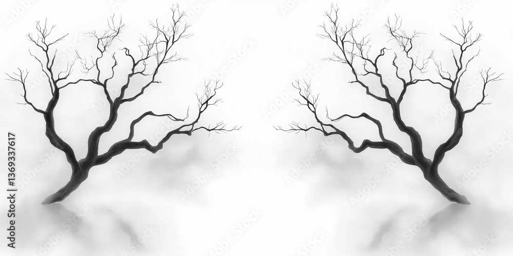 Obraz premium Symmetrical monochrome image of bare trees reflected in a misty expanse against a stark white background.