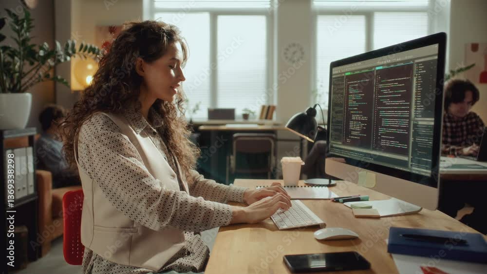 Focused female software developer coding on computer at desk, typing on keyboard and analyzing code on monitor in modern open place office with colleagues working in background