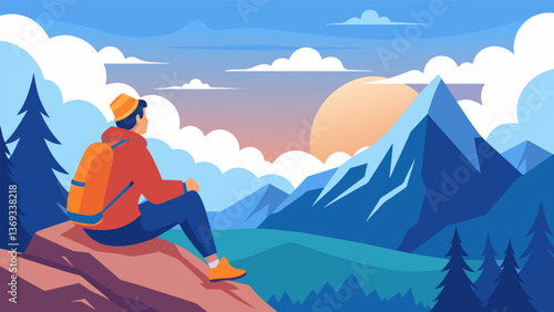A solo hiker pauses on a mountain peak taking in the sweeping views and feeling completely at peace with the world.. Vector illustration
