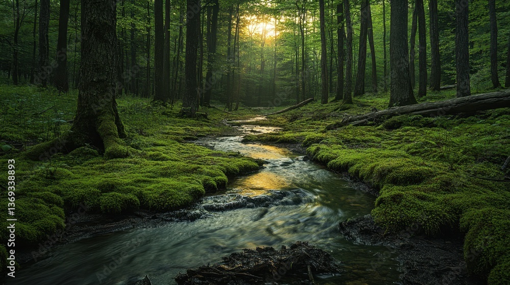 Obraz premium Sunlit Stream in Lush Green Forest