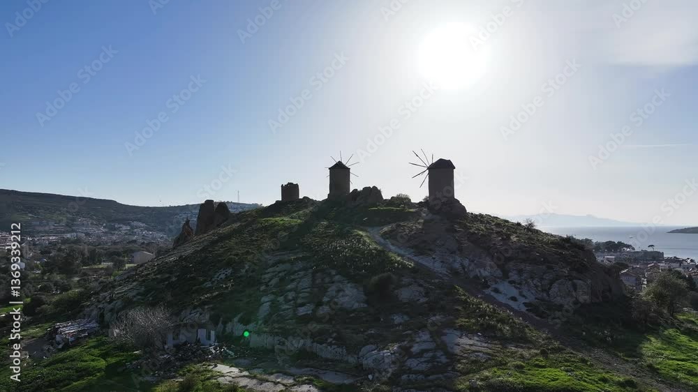 Foca historical mills - historical mills, the symbol of Izmir's Foça district - high quality image of the cute Aegean town of Foça Foca historical mills - historical mills, the symbol of Izmir's Foça district - high quality image of the cute Aegean town of Foça