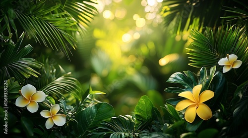 Tropical jungle foliage background, sunlit path, plumeria flowers