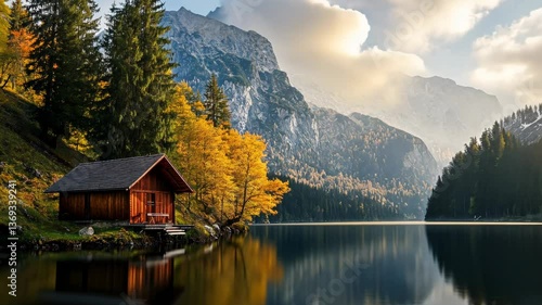 Lakeside cabin autumn mountain scenery