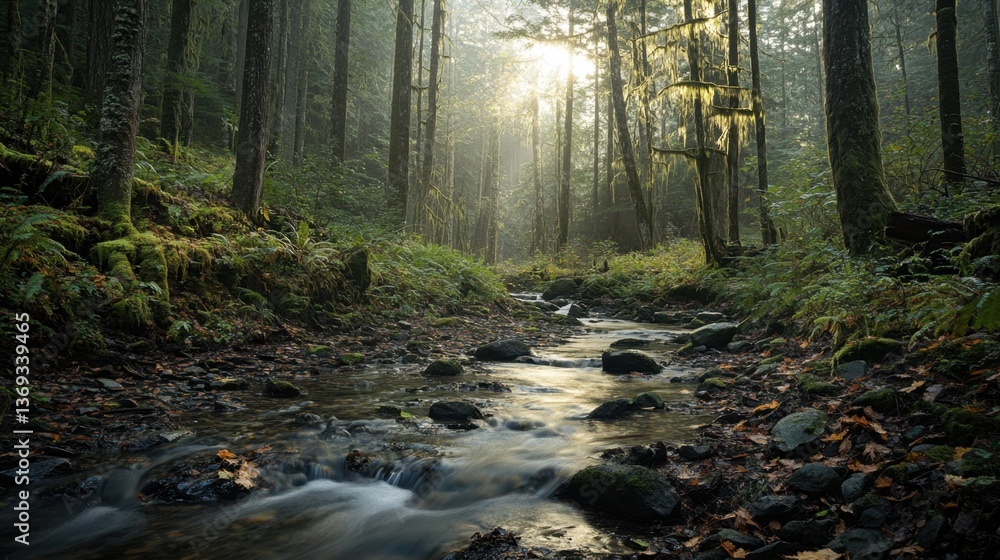 Obraz premium Mystical Forest Stream at Sunrise