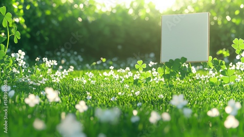 Blank sign in lush green grass with clover and white flowers perfect for spring or St Patrick's Day