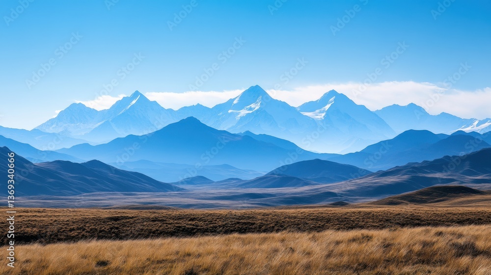 Fototapeta premium Majestic Mountain Range Landscape with Golden Grassland