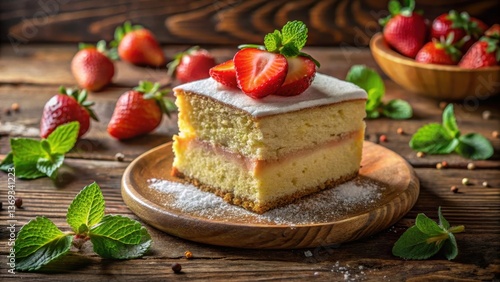 Wallpaper Mural A delectable slice of strawberry shortcake, delicately dusted with powdered sugar, sits on a rustic wooden surface, adorned with fresh strawberries and mint leaves. Torontodigital.ca