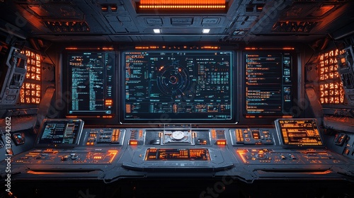 Detailed view of a highly advanced futuristic spacecraft cockpit interior featuring a complex digital control dashboard with various monitoring screens navigational panels